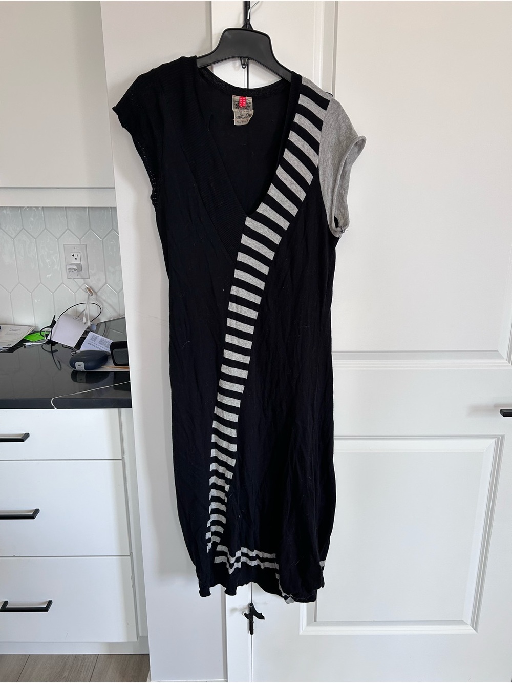 N.T.S Black Gray Panel Stripe Stretch Knit Dress Asymmetrical Lightweight Summer
